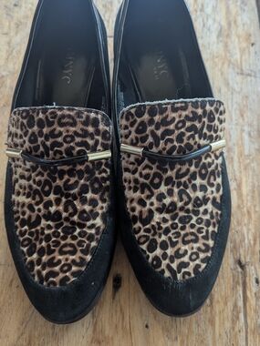 Leather Isaac Mizrahi Leopard Print Loafers with Black Trim and Gold Accent